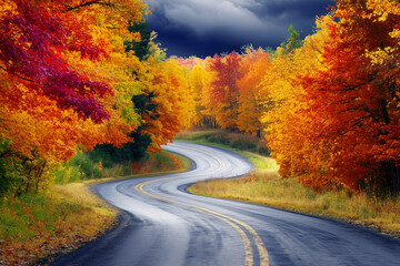 Winding country road lined with trees in full autumn colors. Generative AI