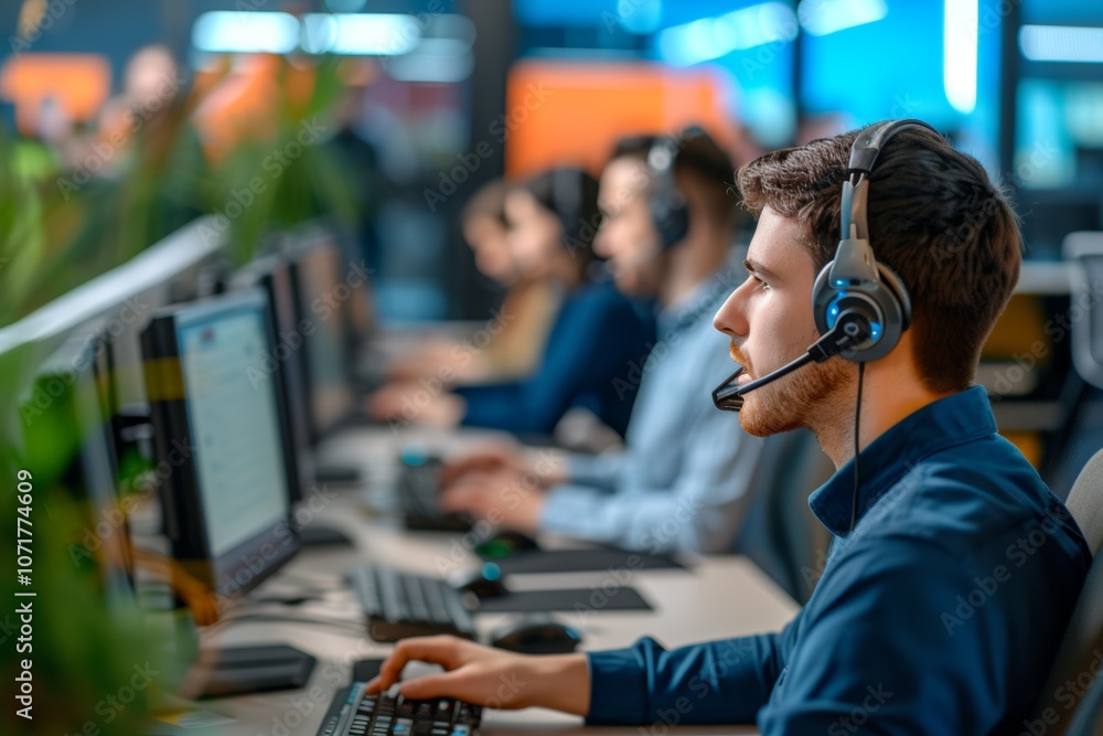Aufkleber a group of customer support professionals focuses on solving client inquiries through phone calls in
