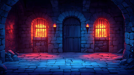 Dark Dungeon Illustration with Stone Walls, Door, and Windows