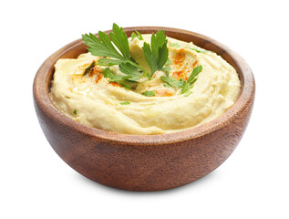 Delicious hummus with paprika and parsley in bowl isolated on white