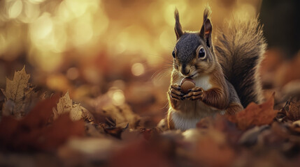 Obraz premium close up wildlife photography shot of squirrel holding acorn amidst autumn leaves, showcasing its detailed fur and expressive eyes in warm, golden light