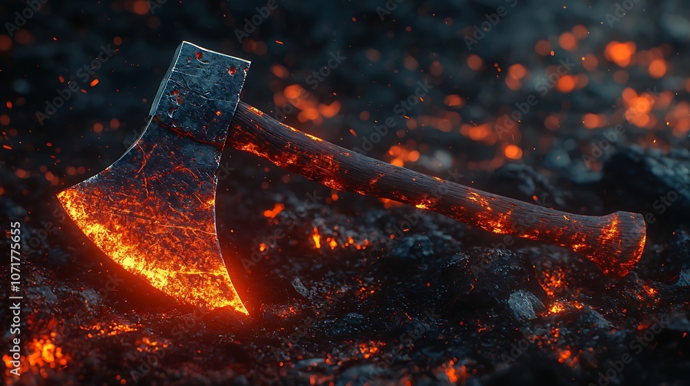 Poster a dynamic close-up of a glowing axe surrounded by flying sparks on a dark, fiery background