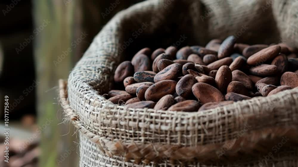 Poster full burlap sack overflowing with harvested cocoa beans is ready for the next step in the chocolate 