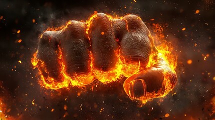 Close-Up of Clenched Fists Glowing with Fire and Energy, Symbolizing Strength, Power, and Intensity in a Dynamic and Fiery Display of Force