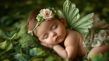 Sleeping Baby with Green Wings and Flower Crown Illustration