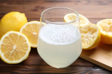 Fresh juice in glass and lemons on wooden table, closeup