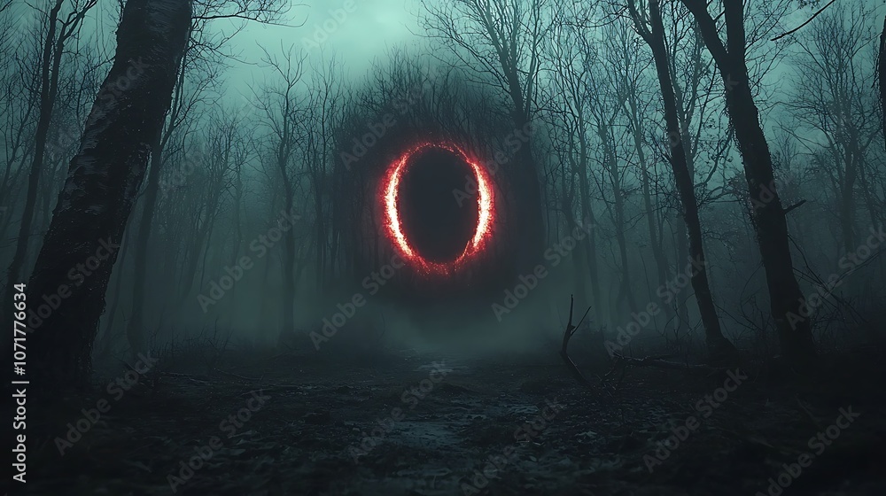 Poster dramatic glowing eye shaped light emerging from dark forest in mystical atmosphere with fog and twis