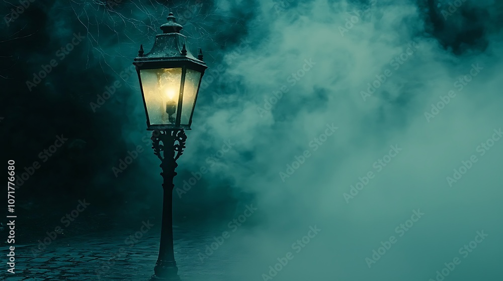 Aufkleber dramatic shot of a glowing lantern surrounded by mystical fog in a dimly lit atmosphere creating an 