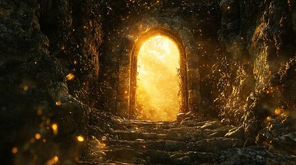 Obraz premium Dramatic Golden Keyhole in Stone Archway Illuminates Pathway, Inviting Exploration Through Natural Elements and Sunlit Atmosphere of Enchantment