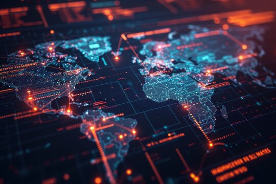 This world map illustrates the intricate patterns of global air travel, highlighting traffic routes across continents, showcasing connectivity and travel hubs efficiently. - Powered by Adobe