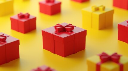 Obraz premium Festive Red and Yellow Gift Boxes on Yellow Background 3D Render