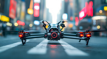 Obraz premium High speed racing drones in action, motion blurred city street