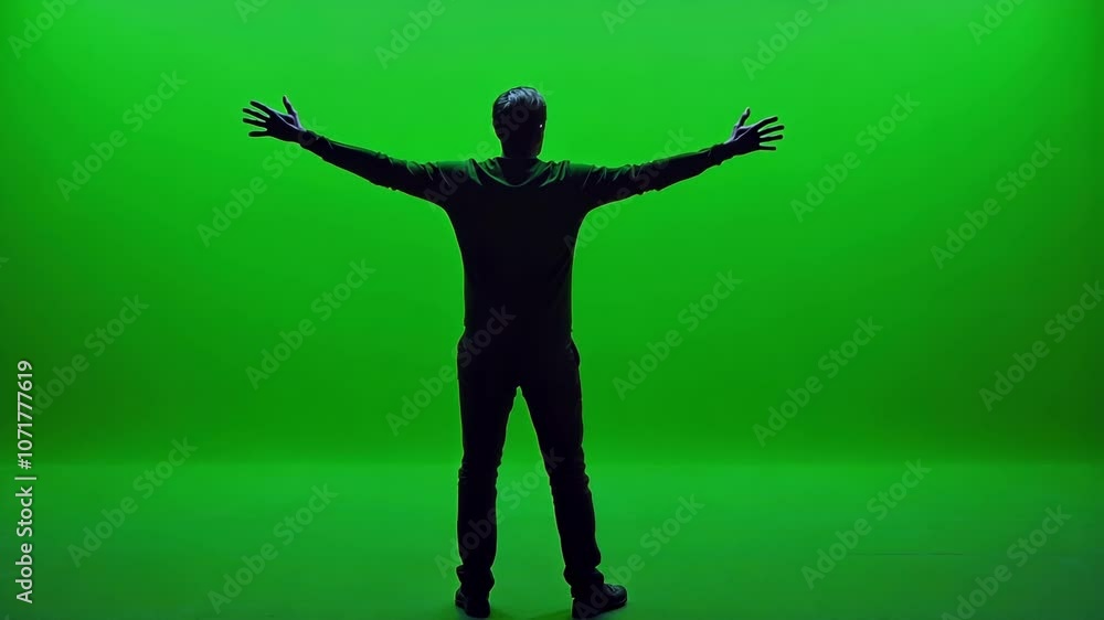 Poster man posing with open arms against green screen, perfect for visual effects and compositing. silhouet