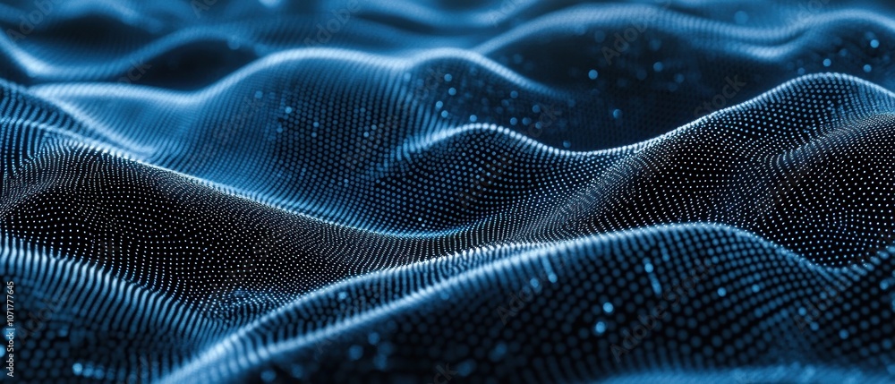 Poster abstract representation of digital waves in blue tones, suggesting motion and data flow.