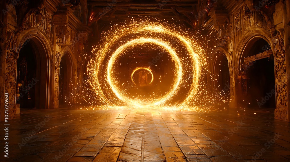 Poster dramatic shot of glowing sparks in the shape of circles creating a mesmerizing visual effect in a di