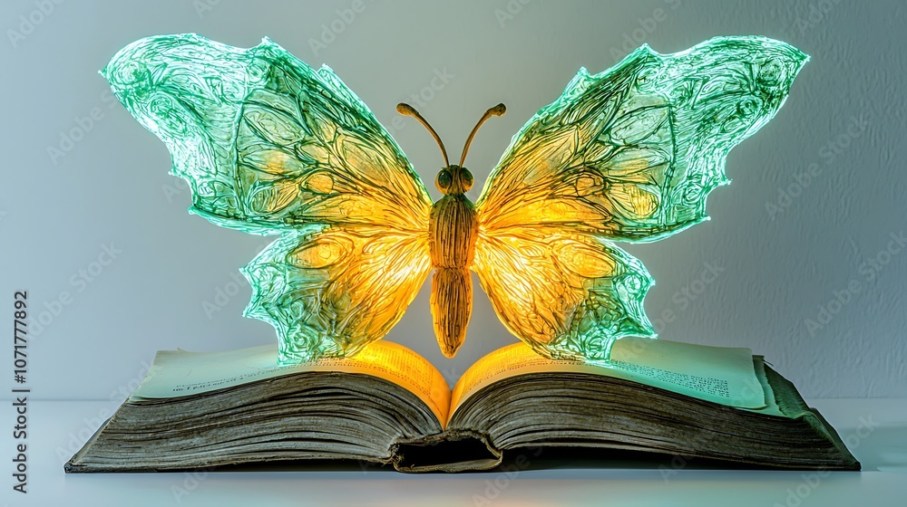 Poster enchanting glow of a butterfly emerging from an open book, symbolizing growth and transformation in 