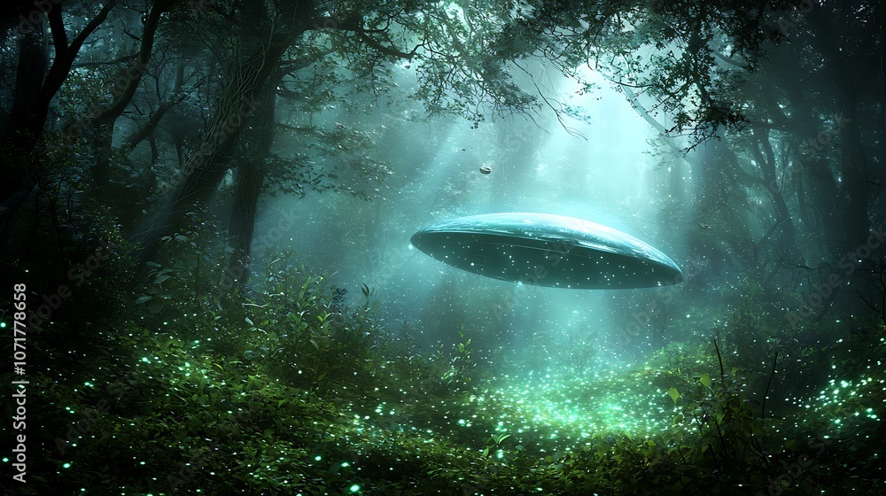Poster surreal spaceship landing in a dense alien jungle surrounded by ethereal lights and mysterious flora
