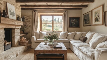 Luxury country style living room, beige linen sofa, rough wooden coffee table, natural stone fireplace, decorated with rustic art, warm light
