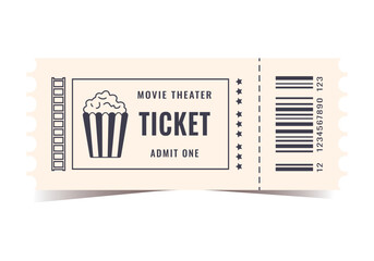 Movie theatre ticket isolated on white background. Vector, cinema, movie, film, popcorn, play, party, event, festival ticket realistic template black and white . Ticket icon for website.