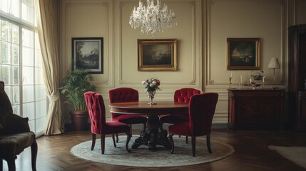 Classic furniture showroom, dark brown wooden table, red velvet chair, crystal chandelier, cream wall, decorated with art paintings, warm atmosphere
