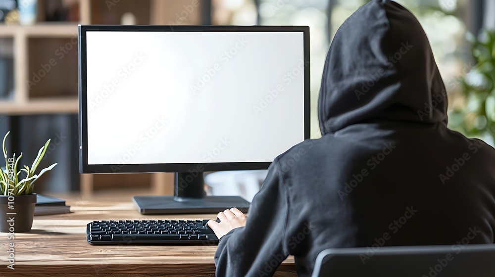 Poster close-up of individual working at a desktop computer with a blank screen in a cozy office environmen
