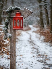Naklejka premium red lantern on a wooden pole with an arrow pointer in the Christmas forest