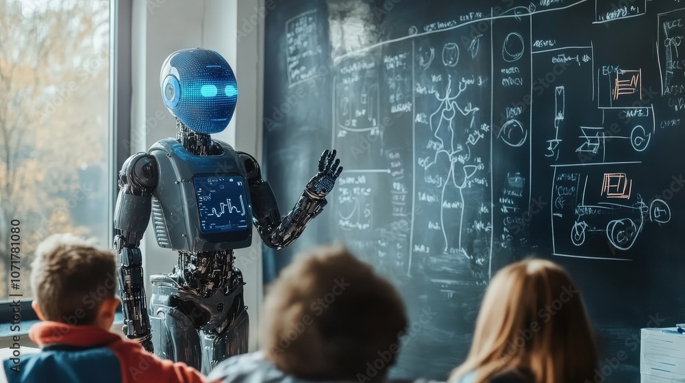 Poster a classroom where a teacher uses ai to personalize learning, offering tailored lesson plans to stude