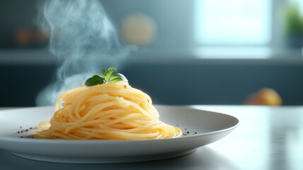 Plate of Long Straight Pasta with Glowing Sauce Like a Comet's Tail