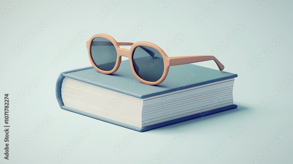 Poster a cute and simple scene featuring a book with stylish glasses resting on top against a soft backgrou