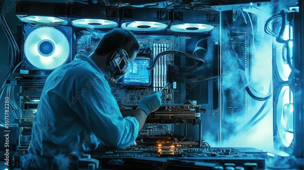 Poster a computer repair expert dusting and cleaning internal components, ensuring optimal performance and 