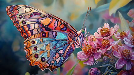 A close-up of a stunning butterfly with vibrant, multicolored wings, resting delicately on a bright flower, every detail of the intricate patterns captured in soft natural light.