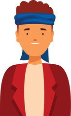Portrait of a cheerful young man sporting a blue headband and a stylish red jacket, exuding a trendy and confident vibe
