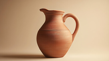 A detailed 3D image of a classic clay jug with a handle, positioned on a neutral background, the lighting accentuating its textures and giving a sense of depth.