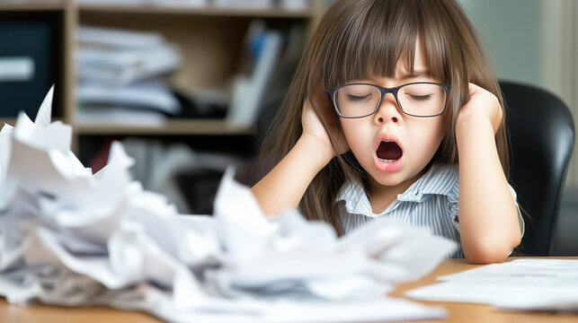 Tired overworked business child at office desk full of of crumpled paper. Funny little girl yawning.