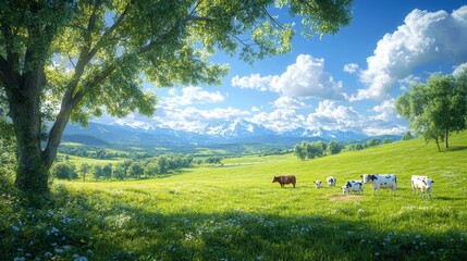 Fototapeta premium Serene Rural Scene with Livestock in a Pastoral Landscape Capturing Tranquility and Natural Beauty