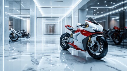 A modern luxury big bike showroom, white and red big bikes parked on marble floors, glass walls with direct spotlights, stylish ceiling lamps