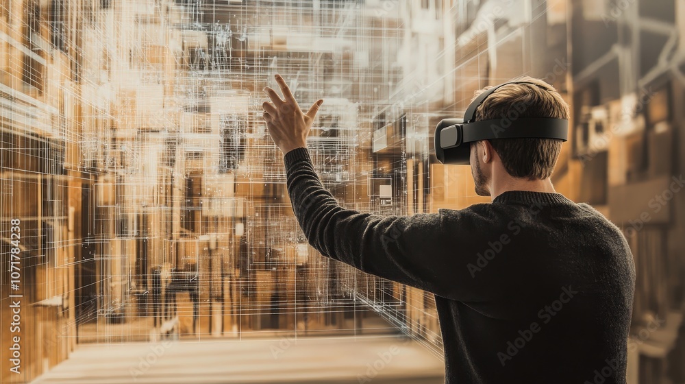 Poster a designer using vr to visualize an interior space, blending technology with creativity for immersiv