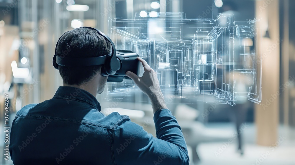 Poster a designer using vr to visualize an interior space, blending technology with creativity for immersiv