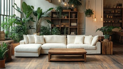 Obraz premium Rustic furniture showroom, rough wooden floor, cream sofa, polished wooden coffee table, decorated with green plants and brass lamp, warm and natural atmosphere