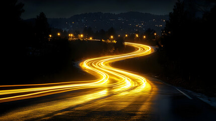Winding Road at Night with Light Trails Photo