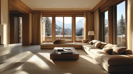 Luxury interior, earth tone color, wooden furniture, thick carpet, light from large windows, add warmth