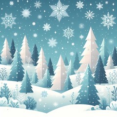 Obraz premium Snowy winter wonderland with trees and snowflakes, flat style