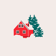 Red House in snow and trees. Scandinavian style home. Hand drawn trendy Vector illustration. Isolated design element. Building, sweet home, real estate, greeting card, winter concept