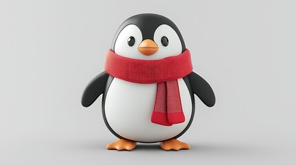 Fototapeta premium Adorable 3D Cute Penguin Character Wearing a Bright Red Scarf on a Simple Background, Perfect for Children’s Themes, Illustrations, and Winter Designs