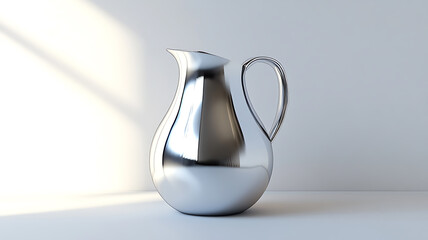 A modern, minimalist jug rendered in 3D, with a sleek metallic finish, set on a simple white background, lighting capturing the smooth contours and polished look.