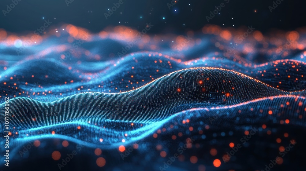 Aufkleber abstract visualization of flowing waves with glowing particles, suggesting motion and energy.