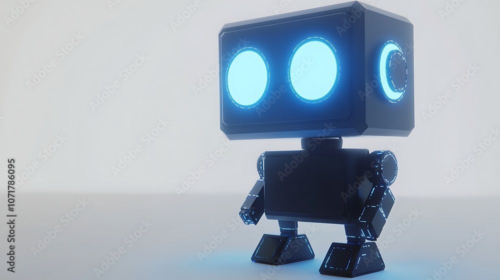 Poster charming cute robot with glowing blue eyes on simple background, ideal for technology and animation 