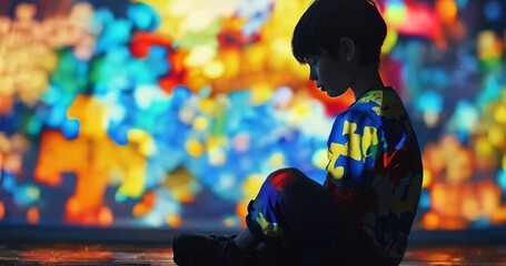 Child boy with autistic disorder sitting on the floor on multicolored puzzle background with copy space. Mental health, world autism and teen spectrum disorder awareness day concept. - Powered by Adobe