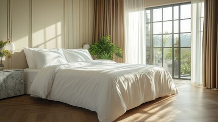 Five-star hotel room, large bed, clean white bed sheet, polished wooden floor, marble bedside table, modern style table lamp, soft light from large window