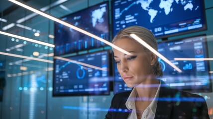 A businesswoman in a modern office analyzing data on large digital screens displaying global maps and analytical materials.